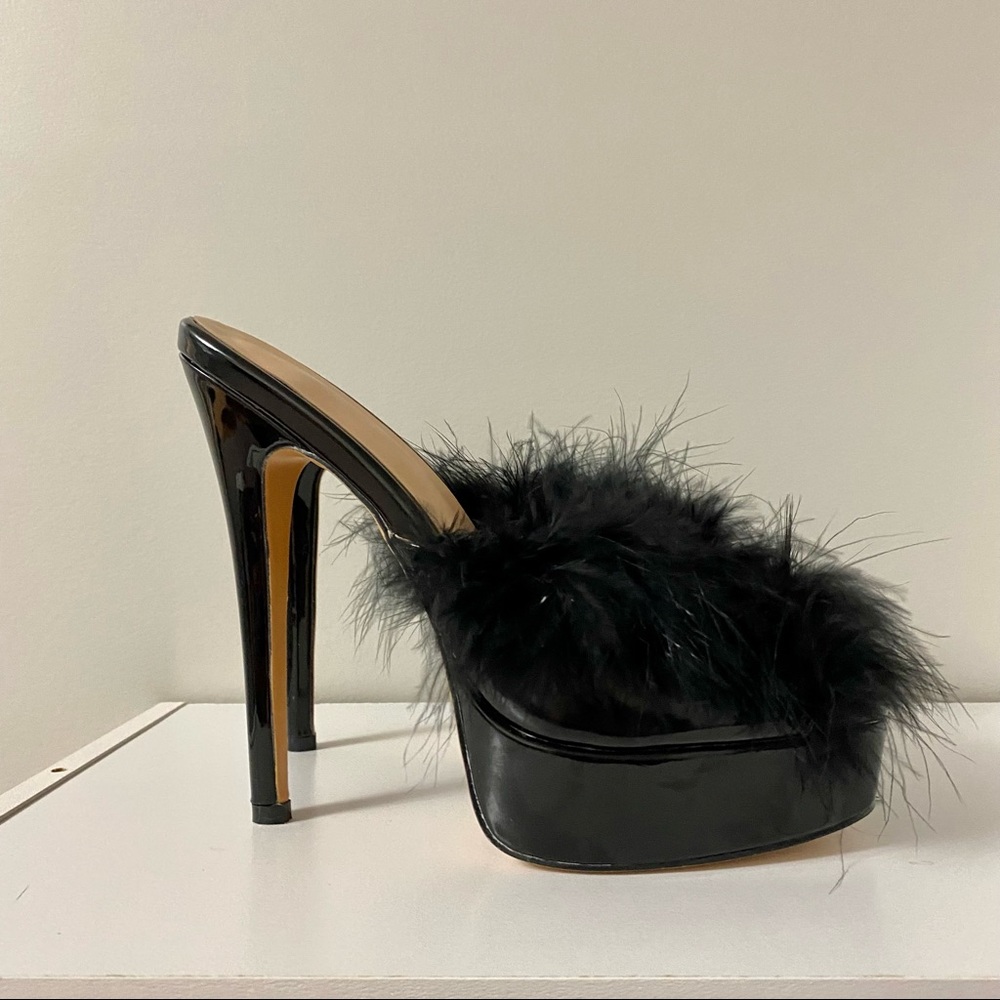 Black Patent Maribou Feather Mules Dancer Heels 41 Boudoir - Picture 3 of 6